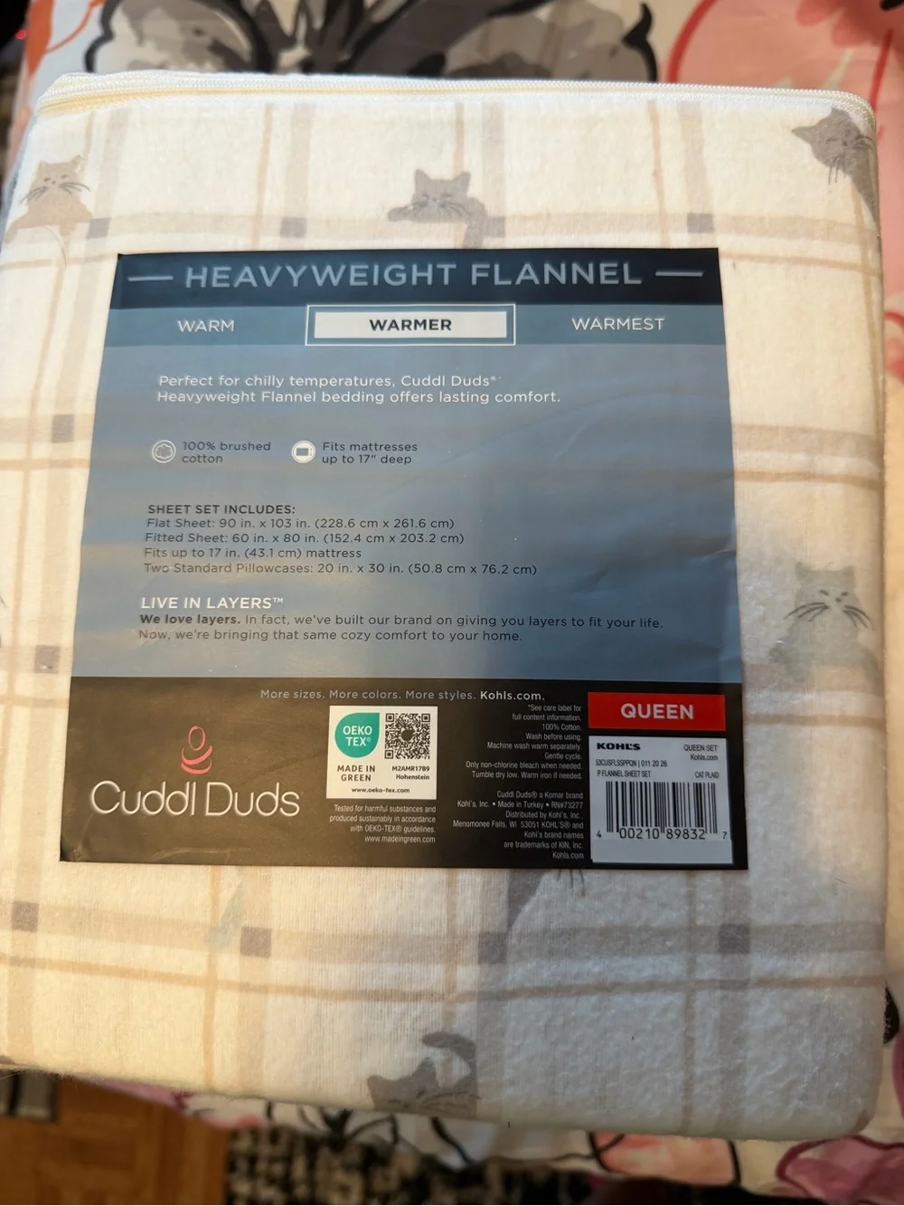 Cuddl Duds Queen Heavyweight Flannel Sheet Set in Cream with cats Plaid New